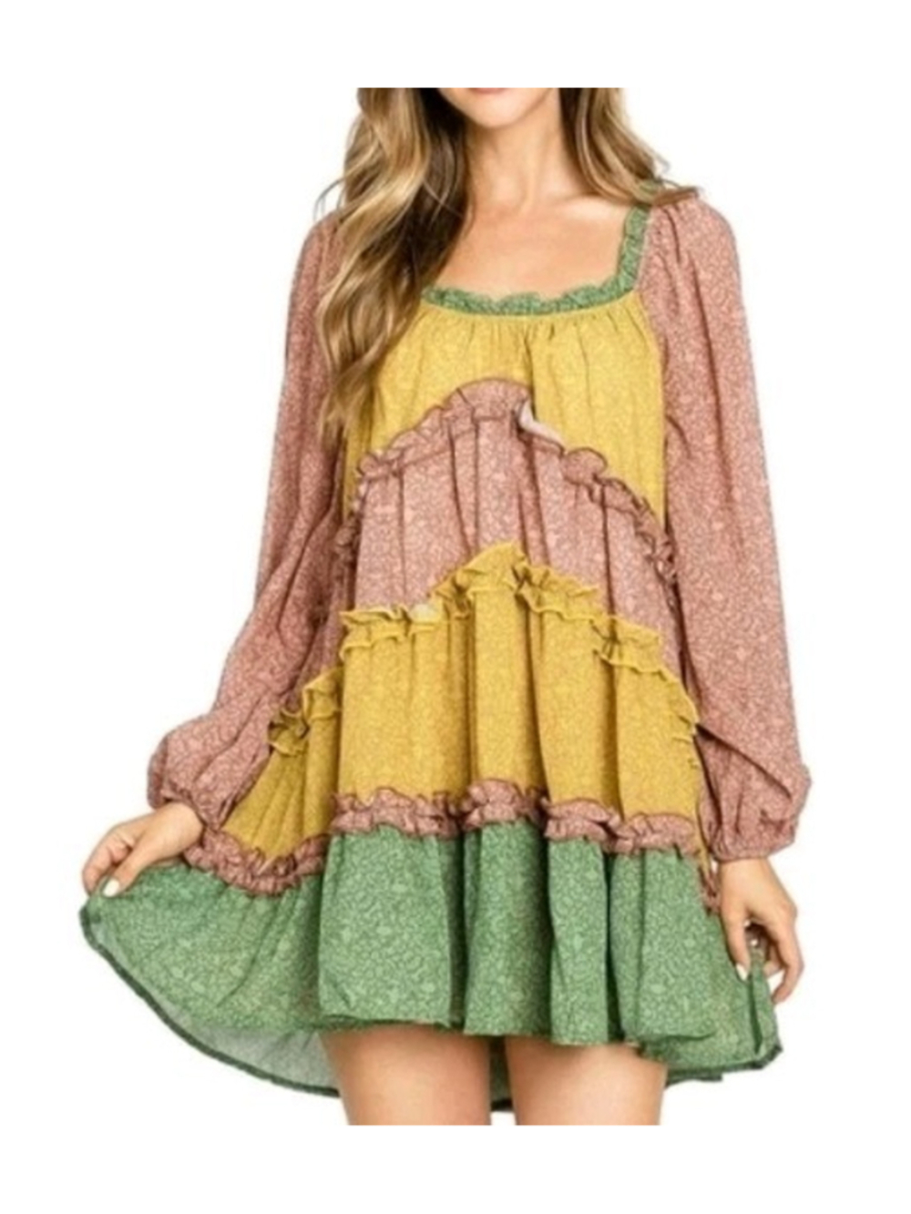 Love Collette Tiered Ruffle Mini Swing Dress Cottagecore Sz M Prairie Boho